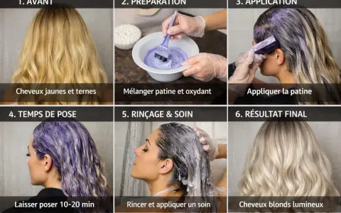 Étapes pour une patine parfaite : avant, préparation, application, temps de pose, rinçage et résultat final. Obtenez des cheveux blonds lumineux.