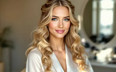 Une femme aux cheveux blonds ondulés, coiffés en boucle anglaise, porte une robe de chambre en satin blanc. Son regard est captivant.