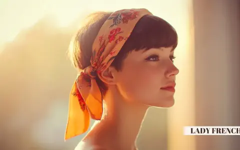 Coiffure hippie femme cheveux court, ornée d'un foulard fleuri. Lumière douce et dorée.