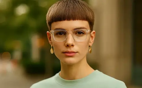 Une jeune femme au regard intense porte une coupe au bol cheveux bouclés, des lunettes transparentes et des boucles d'oreilles dorées.