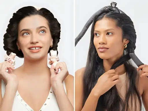 Deux femmes montrent comment garder ses boucles la nuit avec des bigoudis en tissu.