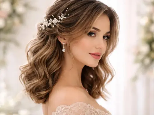 Une jeune femme aux cheveux mi-longs ondulés arbore une coiffure bohème ornée d'une délicate parure de perles et de cristaux.