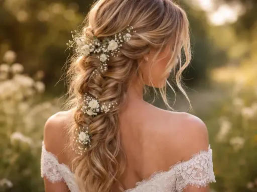 Coiffure bohème chic avec tresse ornée de petites fleurs blanches. Une mariée rayonnante dans un décor champêtre.