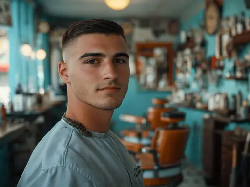 Jeune homme avec une coupe brosse homme impeccable, dans un salon de coiffure vintage.