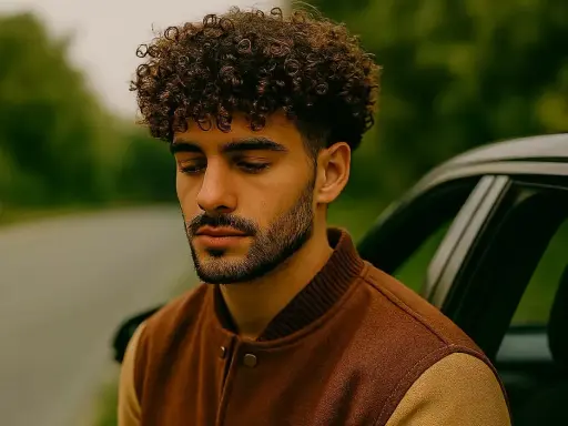 Un jeune homme aux cheveux bouclés, pensif, appuyé contre une voiture en pleine nature.