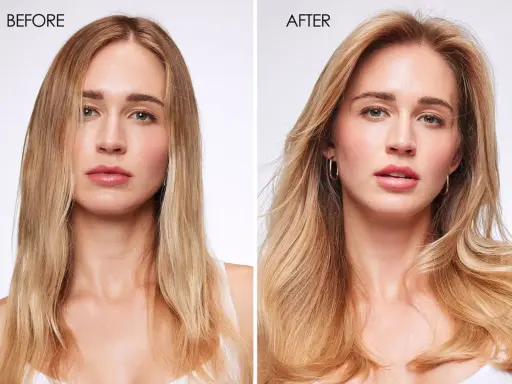 Avant/après : des cheveux lisses et plats deviennent volumineux et texturisés. Le produit donne un effet texturiser cheveux incroyable.