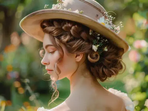 Coiffure avec chapeau de paille ornée de fleurs, une jeune femme aux boucles brunes rêveuses dans un jardin ensoleillé.