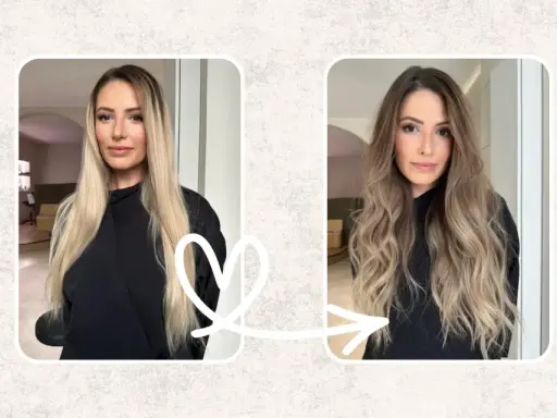 Avant/après : des cheveux blonds lisses transformés en une chevelure ondulée aux reflets subtils grâce à un balayage inversé.