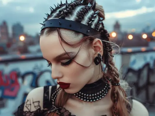 Coiffure rock femme facile : tresses audacieuses ornées de clous, maquillage intense et choker. Une allure rebelle capturée sur fond urbain.