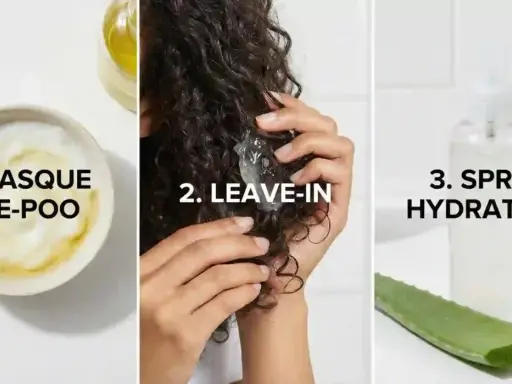 Étapes pour des cheveux hydratés : masque pré-poo, leave-in et spray. Le gel d'aloe vera est idéal pour l'utilisation gel aloe vera cheveux.
