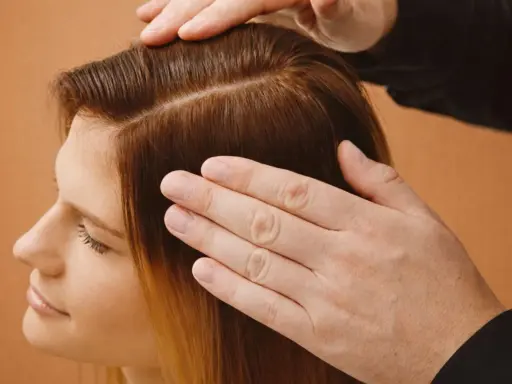 Mains caressant des cheveux châtains, séparés en deux sections. Une femme regarde vers le bas, l'air pensif, peut-être à cause de ses cheveux moches.