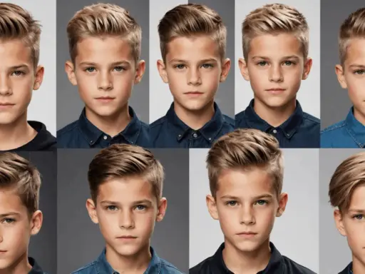 Huit portraits de jeunes garçons présentant différentes versions d'une coupe bébé garçon moderne et stylée.