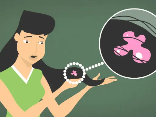 Une jeune femme découvre un chewing-gum rose collé à ses cheveux. Une illustration montre comment enlever un chewing gum dans les cheveux.