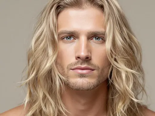 Un homme aux longs cheveux blonds ondulés, un regard intense et une barbe naissante. Sa mèche blonde encadre son visage.