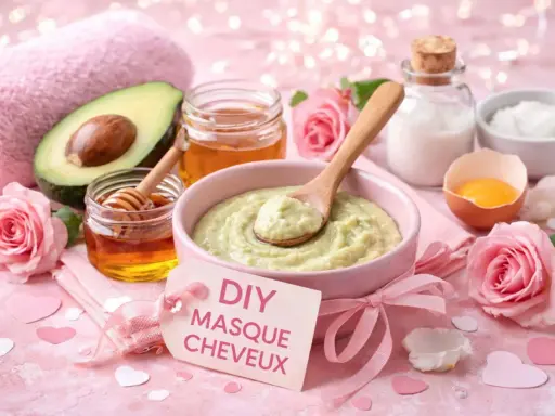 Un bol de masque cheveux avocat, miel, lait et œuf, entouré de roses roses et de cœurs.