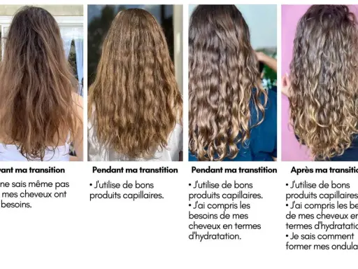 Cheveux indisciplinés avant, pendant et après une transition capillaire. Les boucles se forment grâce à de bons produits et une meilleure compréhension des besoins d'hydratation.