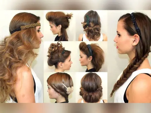 Collage de coiffures avec serre-tête : ondulations bohèmes, chignons sophistiqués, tresses élégantes.