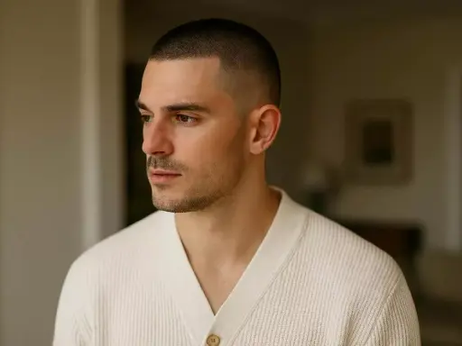 Un homme au regard pensif arbore une coupe homme court impeccable, vêtu d'un gilet en maille crème.