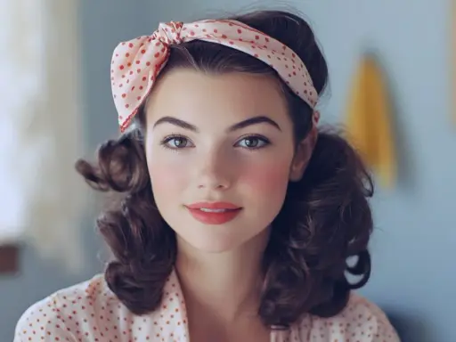 Jeune femme avec une coiffure année 40, des couettes bouclées et un foulard à pois.