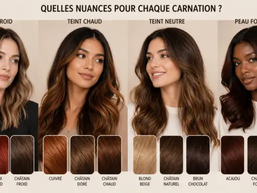 Quatre femmes aux teints variés présentent différentes couleurs de cheveux, allant du blond cendré au noir ébène, pour trouver la nuance parfaite.