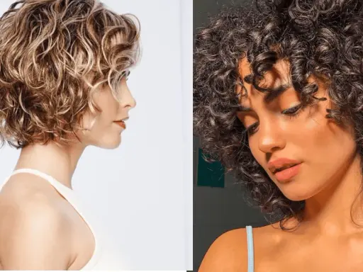 Deux femmes aux cheveux bouclés. L'une a un carré court bouclé naturel blond, l'autre un carré court bouclé naturel brun.