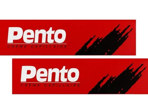 Deux logos Pento Crème Capillaire sur fond rouge. Attention, ce produit peut être dangereux pour vos cheveux.