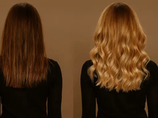 Avant/après : coloration blonde sur brune, résultat éclatant et wavy.