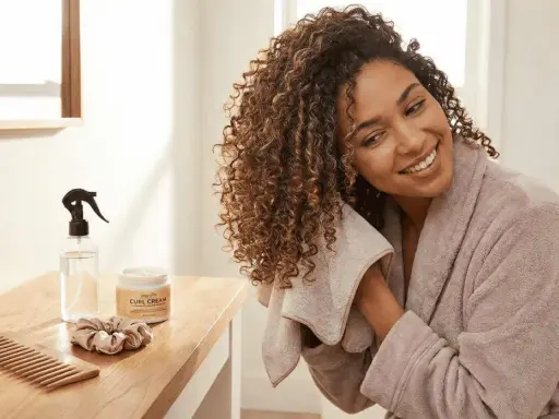 Une femme souriante utilise une serviette sur ses cheveux bouclés. Sur la table, un peigne, une crème pour boucles et un spray d'eau pour un tuto coiffure cheveux bouclés naturel.