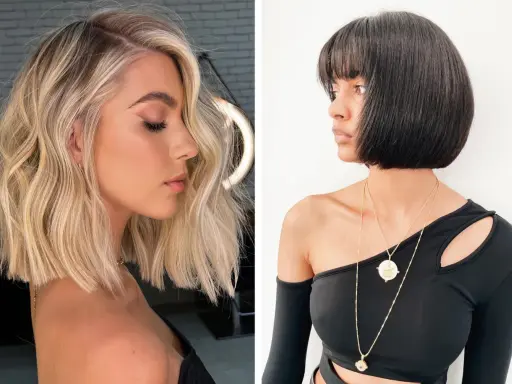 Deux femmes présentent des coupes de cheveux différentes. L'une a des cheveux blonds ondulés, l'autre des cheveux noirs courts. La longueur des cheveux varie.
