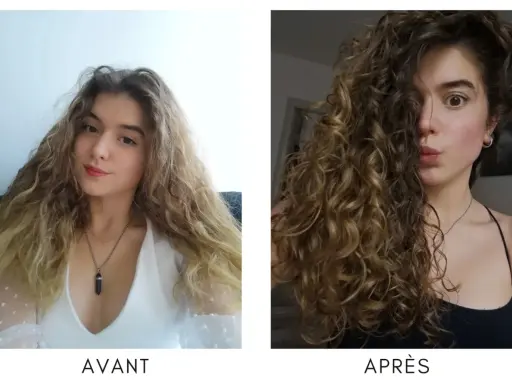Avant/après : des cheveux raides et ondulés se transforment en boucles définies et volumineuses.