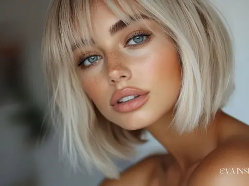 Un portrait de femme aux yeux bleus perçants, un nez parsemé de taches de rousseur et une **mèche blonde devant** encadrant son visage.