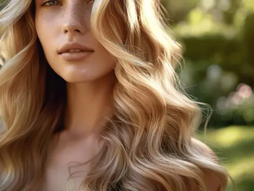 Une femme aux cheveux blonds ondulés, avec un dégradé ombré subtil, sourit doucement dans un jardin ensoleillé.