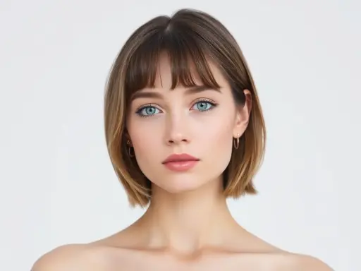 Une femme à la peau pâle avec des yeux bleus perçants et une coupe au carré châtain clair. Une belle couleur cheveux pour peau pâle.