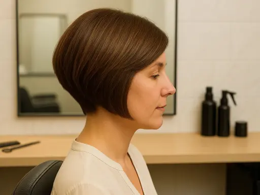 Une femme avec un carré plongeant court, idéal pour des cheveux fins, pose dans un salon de coiffure.