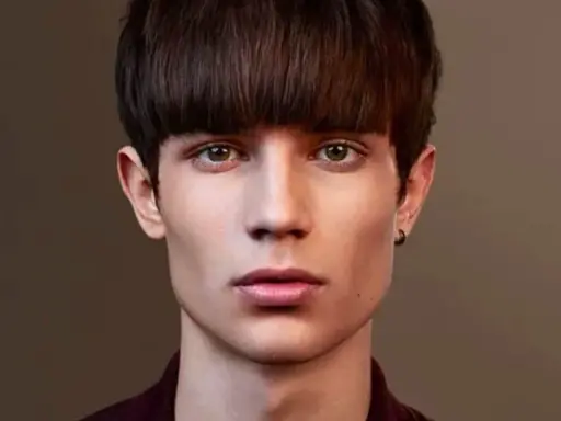 Un jeune homme au regard intense arbore une coupe au bol homme audacieuse, encadrant son visage aux traits fins.
