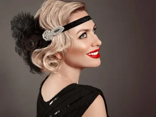 Coiffure année 20 cheveux long, avec bandeau orné de plumes et de strass. Une touche glamour pour une soirée chic.