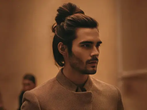 Un homme au man bun élégant, portant une veste texturée, pose avec assurance.