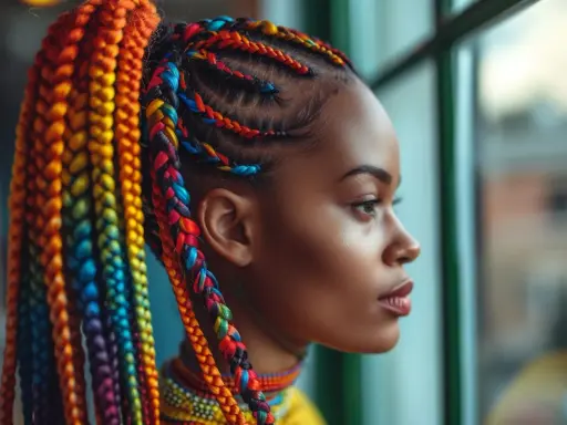 Coiffure cheveux bouclés avec tresse arc-en-ciel, une jeune femme regarde par la fenêtre.