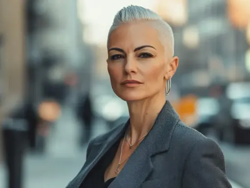 Femme au regard intense, arborant une coiffure rock femme court audacieuse et un blazer gris.