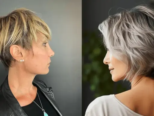 Deux femmes arborent une coupe de cheveux court effilé sauvage, l'une blonde texturisée, l'autre grisonnante et volumineuse.