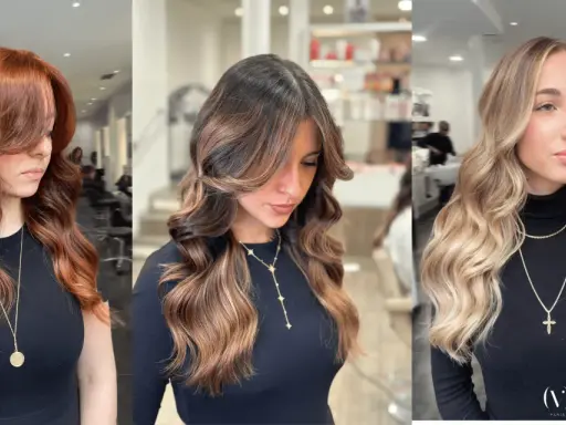Trois femmes arborent une magnifique coupe cheveux ondulés, aux teintes rousse, brune et blonde, sublimées par des ondulations douces.