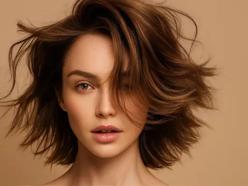Visage de femme aux cheveux bruns volumineux, une mèche cache un œil. Une inspiration pour une routine cheveux fins.