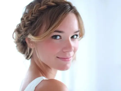 Une jeune femme au sourire doux arbore une coiffure demi tresse élégante, ses cheveux blonds ornés d'une tresse subtile.