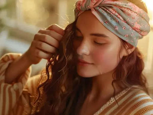 Jeune femme aux cheveux ondulés, portant un bandeau fleuri. Elle semble appliquer un masque sur cheveux sec ou humide, profitant d'une lumière douce.