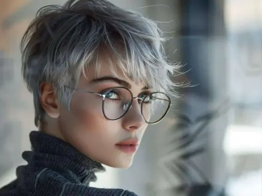 Une femme aux cheveux courts et gris porte des lunettes, son regard intense captivant.