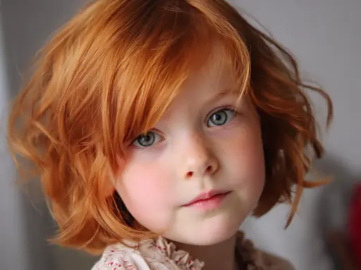 Adorable fillette aux cheveux roux et bouclés, avec une coupe carré. Ses yeux bleus pétillent de malice.