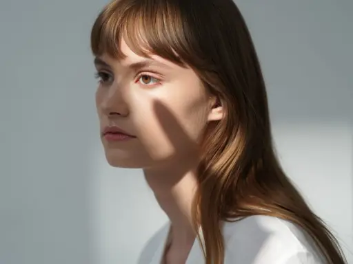 Une jeune femme aux cheveux châtains, une ombre sur le visage, parfaite pour apprendre comment coiffer une frange sur le côté.