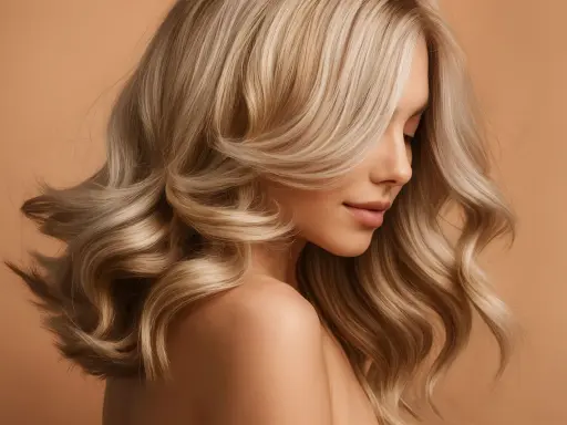 Une femme avec de magnifiques cheveux jaune, ondulés et brillants, pose de profil sur un fond uni.