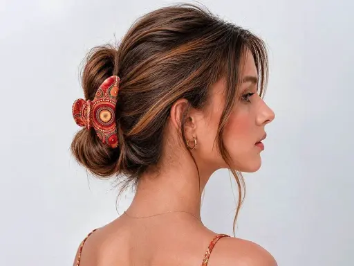 Coiffure chic avec une pince à cheveux ornée de motifs ethniques, retenant un chignon flou.
