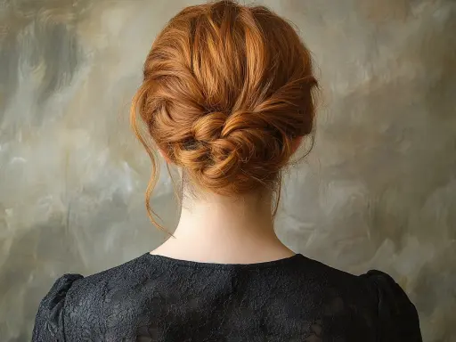 Chevelure rousse magnifiquement coiffée en un chignon bas tressé, orné de quelques mèches libres.